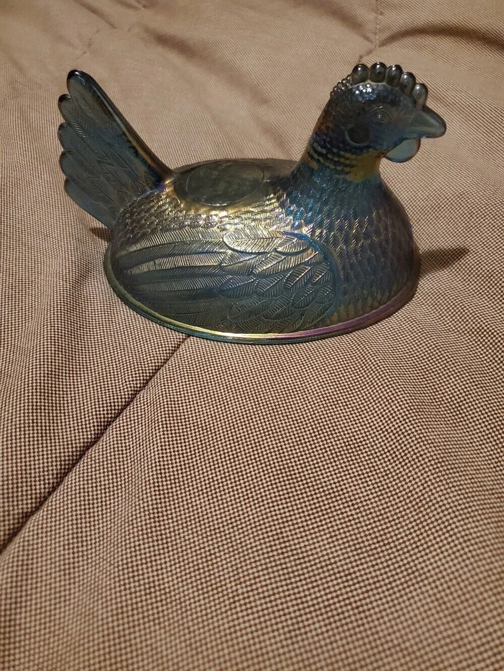 Vintage Indiana Glass Iridescent Carnival Blue Hen on Nest Top Only